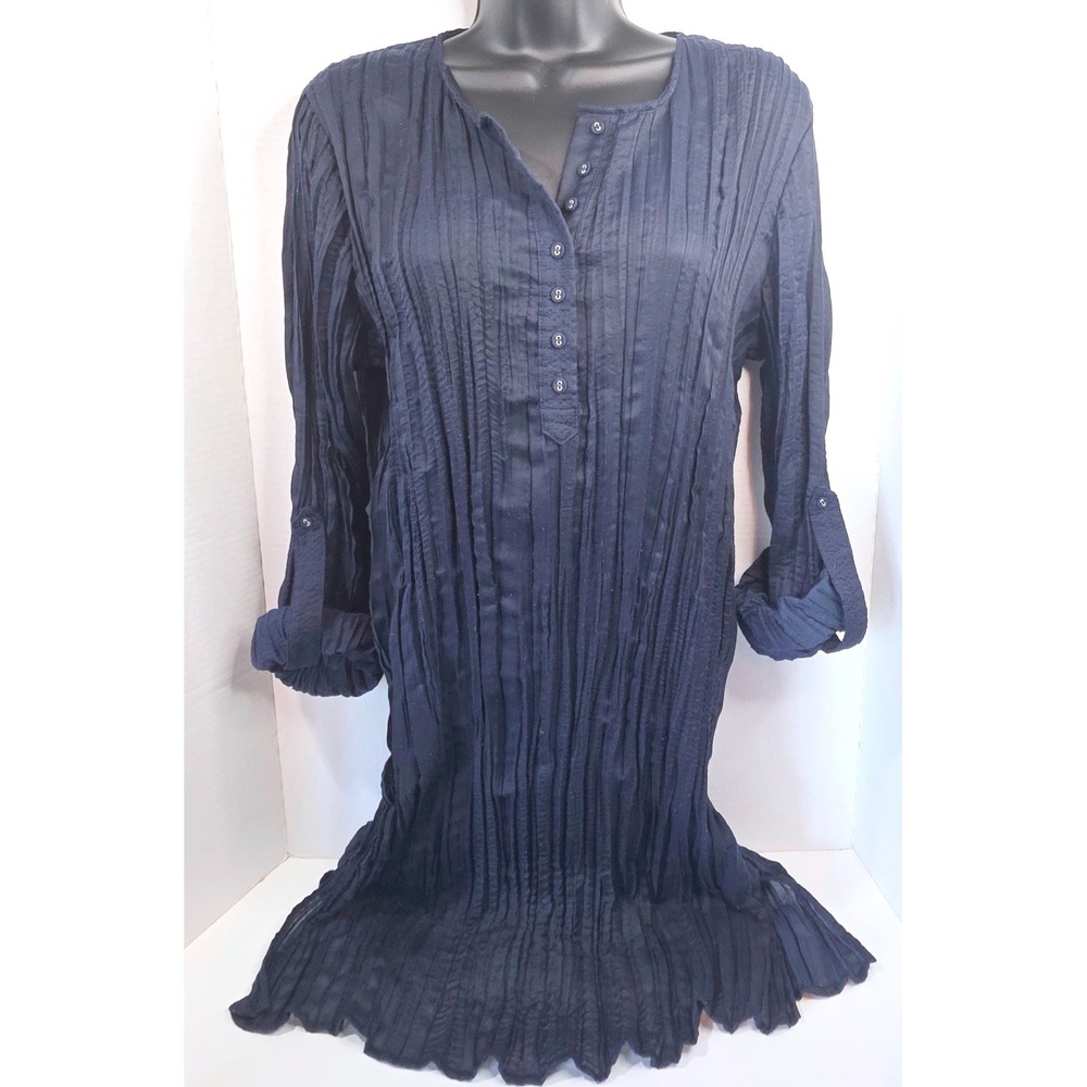 Lauren Ralph Lauren Navy Blue Crinkle‎ Pleated Roll Tab Sleeve Tunic Top M